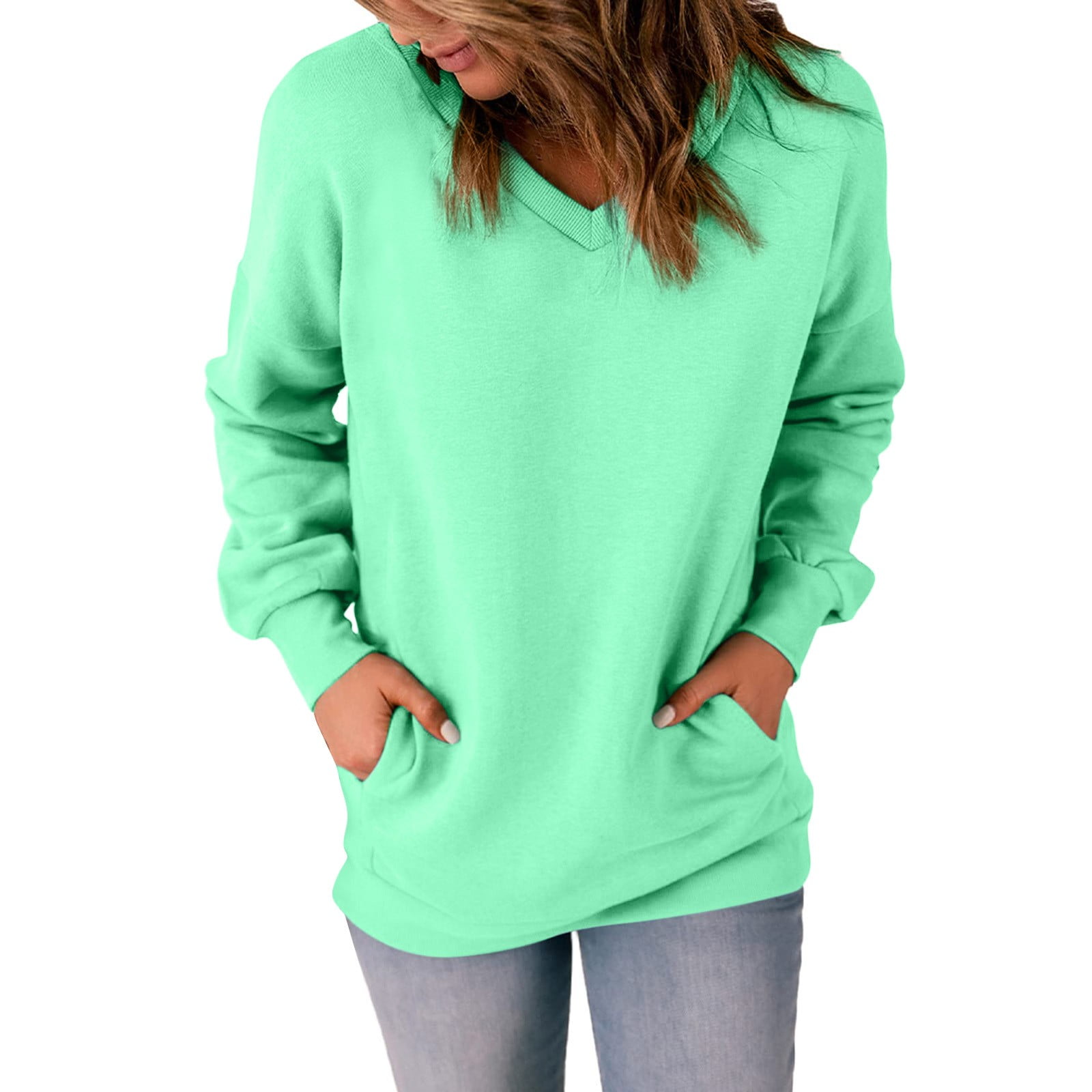 SUWHWEA Sweatshirts,Fashion Women's Casual Long Sleeve Round Neck Solid  Ladies Sweatshirt Tops Blouse Mint Green XL