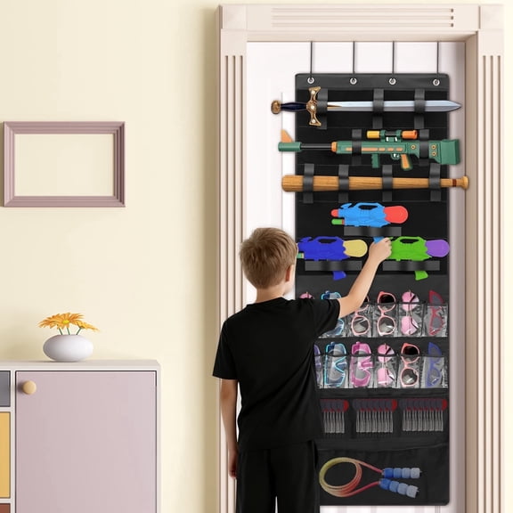 Over the Door Toy Gun Organizer, 16 Pockets & 12 Straps Hanging Foam Blaster Storage for Kids Room, Black, 66.9x23.6 in