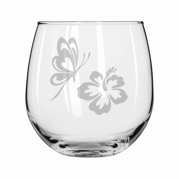 Wine Glass for Red or White Wine Gift Butterfly and Hibiscus (16 oz Stemless)