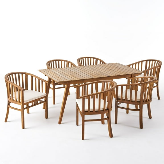 GDF Studio Zimple Outdoor Acacia Wood 7 Piece Dining Set with Cushion, Teak and Cream