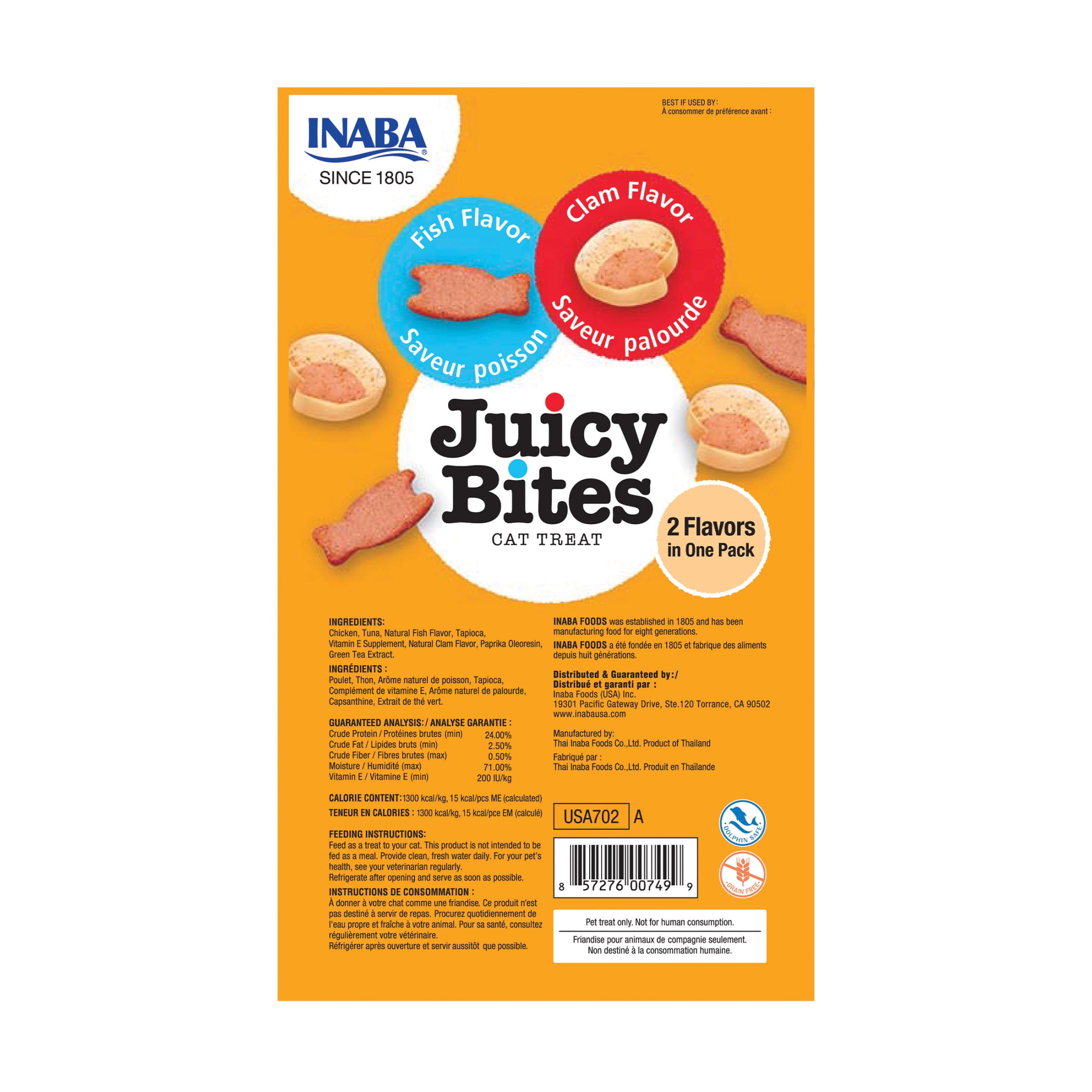 INABA Juicy Bites Grain-Free, Soft, Moist, Chewy Cat Treats with Vitamin E and Green Tea Extract, 0.4 Ounces per Pouch, 3 Pouches, Fish and Clam