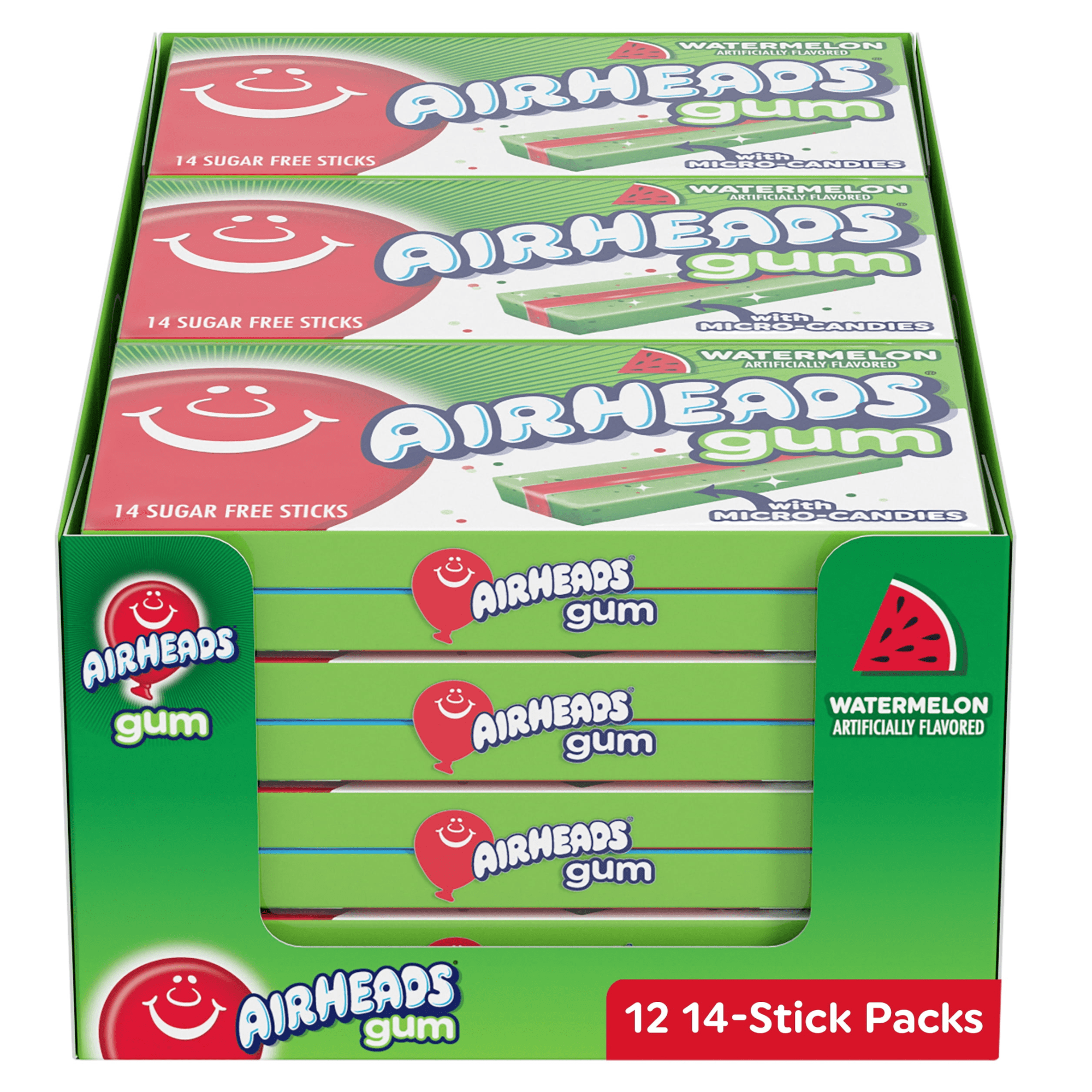 Airheads Candy, Chewing Gum, WATERMELON Flavor MICRO CANDIES inside , Sugar Free, Xylitol, 14 Sticks per Pack, (24 Pack ) Double Header