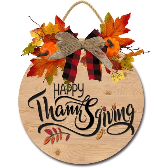 Eveokoki 12" Vintage Autumn Happy Thanksgiving Door Sign Wooden Welcome Front Door Plaque Hanger Home Decoration