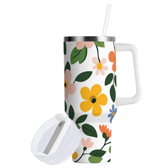 Yayeee 40oz Double-Wall Insulated Stainless Steel Tumbler with Handle Bottle, Retro Colorful Flowers