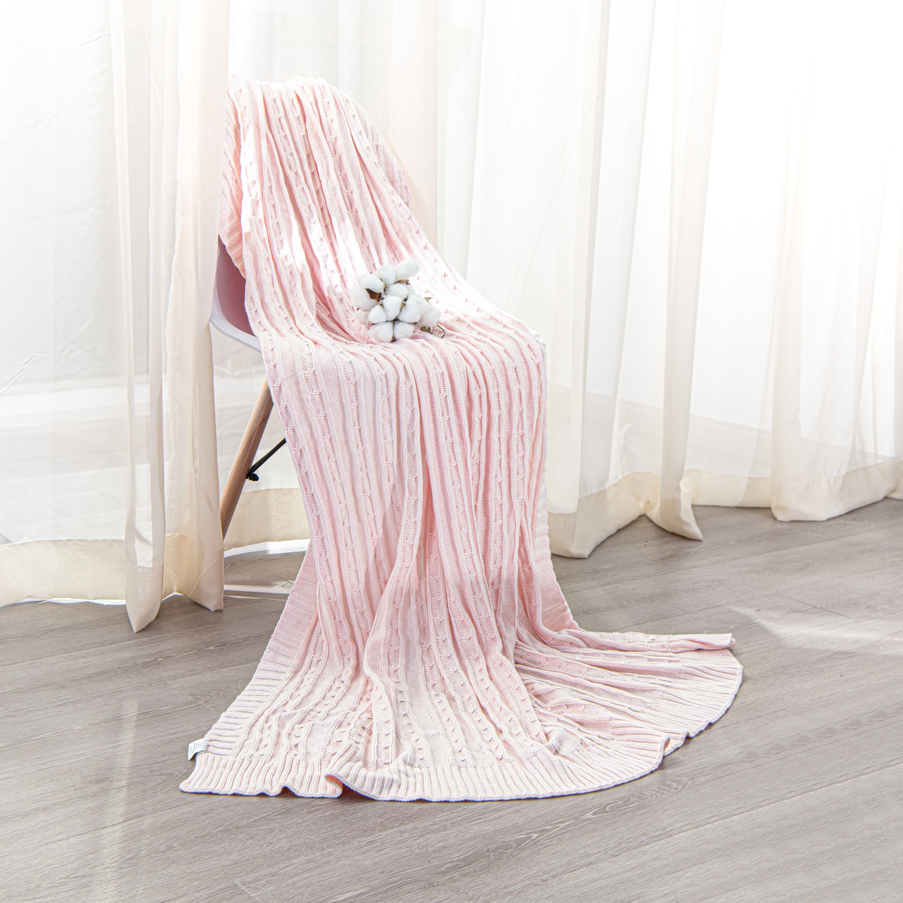 Ntbay 100% Cotton Cable Knit Throw, Super Soft Warm Knitted Blanket Home Decor, 60"x80", Baby Pink