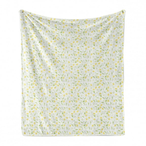 Floral Soft Flannel Fleece Throw Blanket, Narcissus and Irregular Dots in Pastel Tone, Cozy Plush for Indoor and Outdoor Use, 50" x 60", Pastel Yellow Pale Green, by Ambesonne
