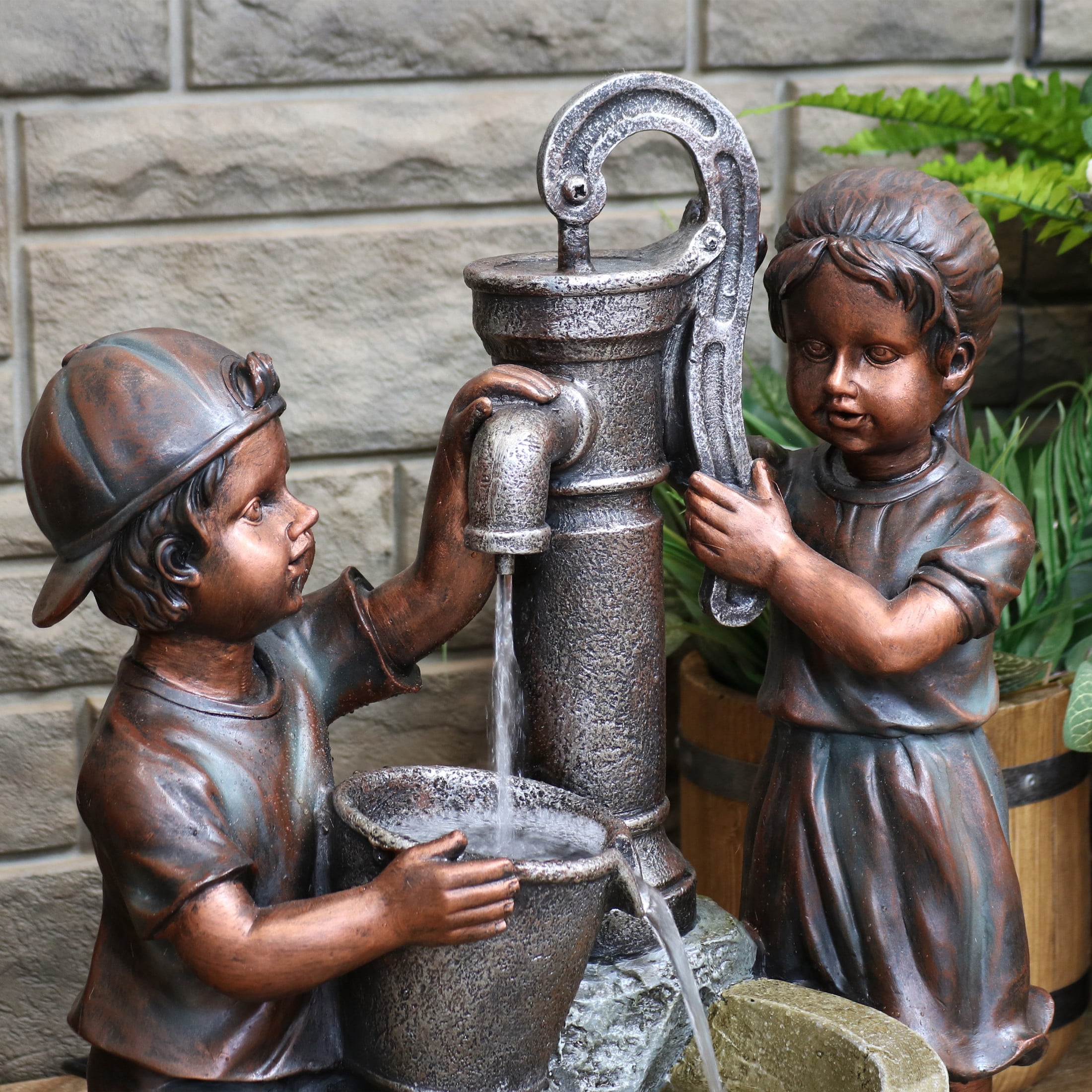 Sunnydaze Jack and Jill at Farmhouse Pump Polyresin Outdoor Water Fountain