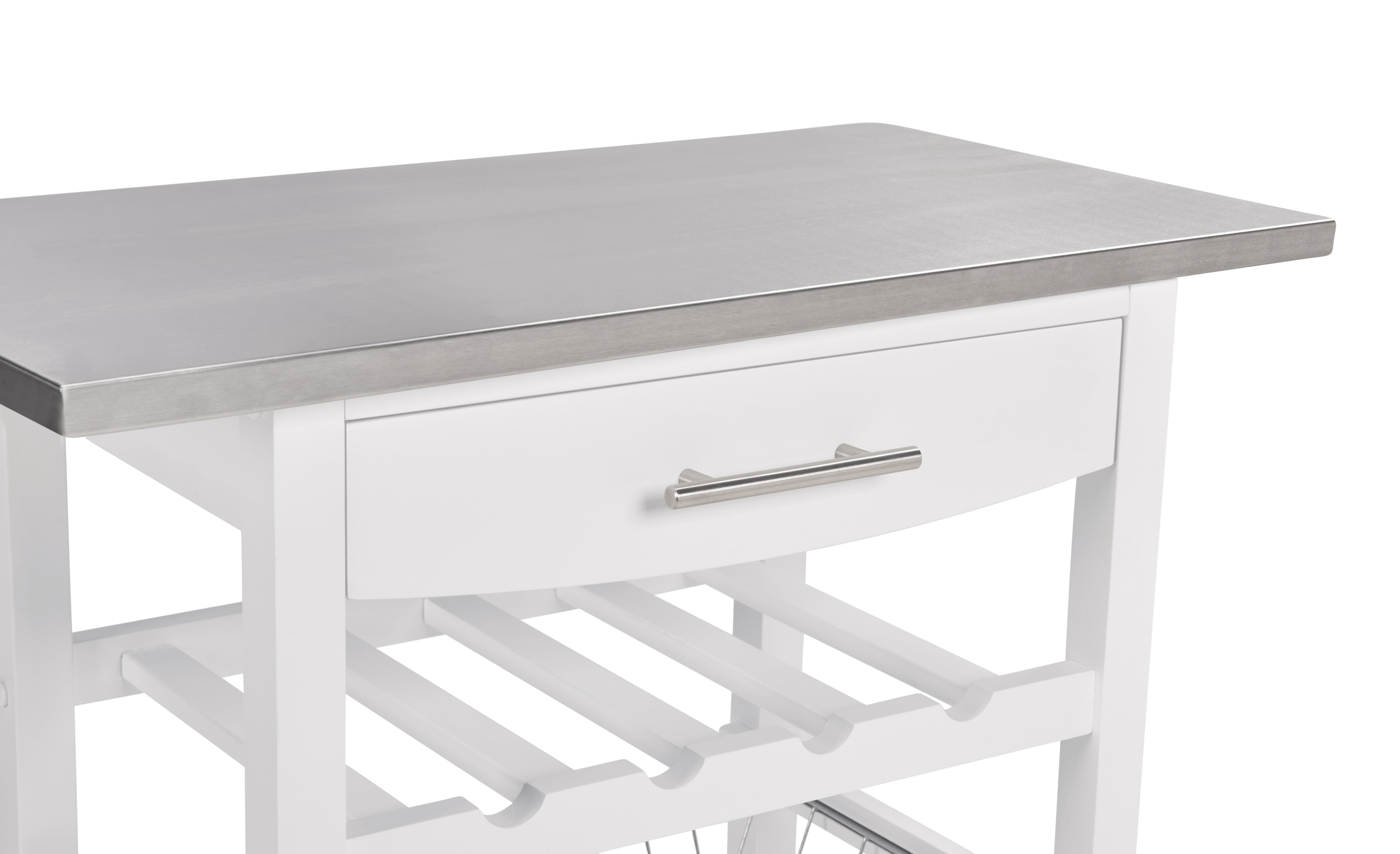 MAYEERTY Mobile Rolling Kitchen Island with Stainless Steel Work Surface, Drawer & Storage Basket