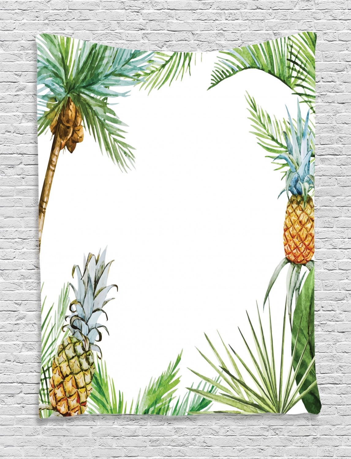 Pineapple Tapestry, Watercolor Tropical Island Style Border Print ...