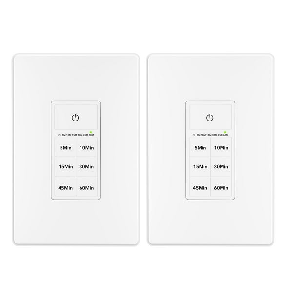 BN-LINK Countdown Timer Switch for Exhaust Fan Bathroom Fan Light Switch Timer Indoor with Push Button 5-10-15-30-45-60mins Wall Timer Light Switch Neutral Wire Required Free Wall Plate White