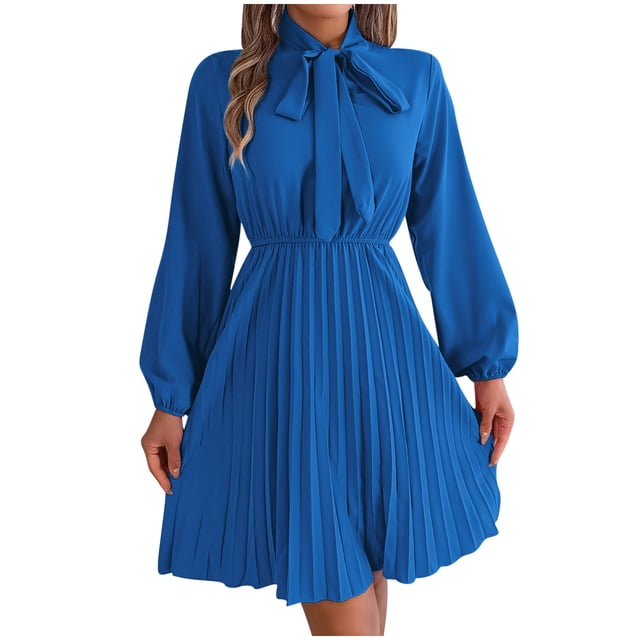 cfhntfmh Robes d'Invité de Mariage pour Femmes Tendance Nœud Papillon Manches Longues Robe de Soirée Ample Plissée Ligne A Mini Robe