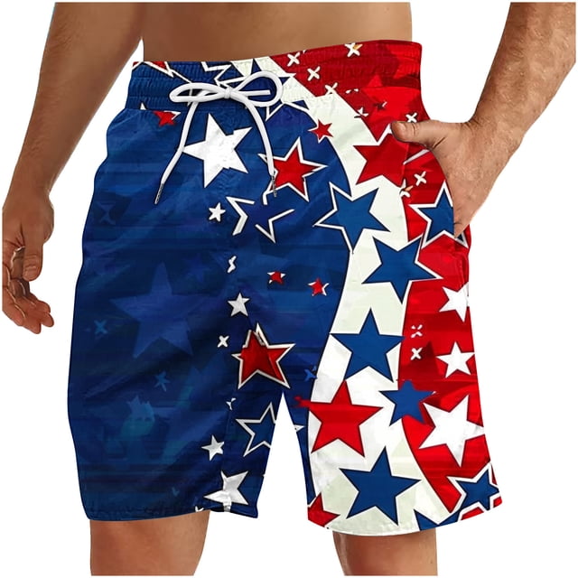 Pantalones Cortos Deportivos para Hombre, Pantalones Cortos de Playa con Cordón Impreso para el Día de la Independencia con Bolsillo Hechos de 95% Poliéster 5% Spandex, Pantalones Cortos Deportivos Pa