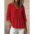 thumbnail image 5 of Women's Doll Collar Eyelet 3/4 Sleeve Peplum Blouse Red S, 5 of 7