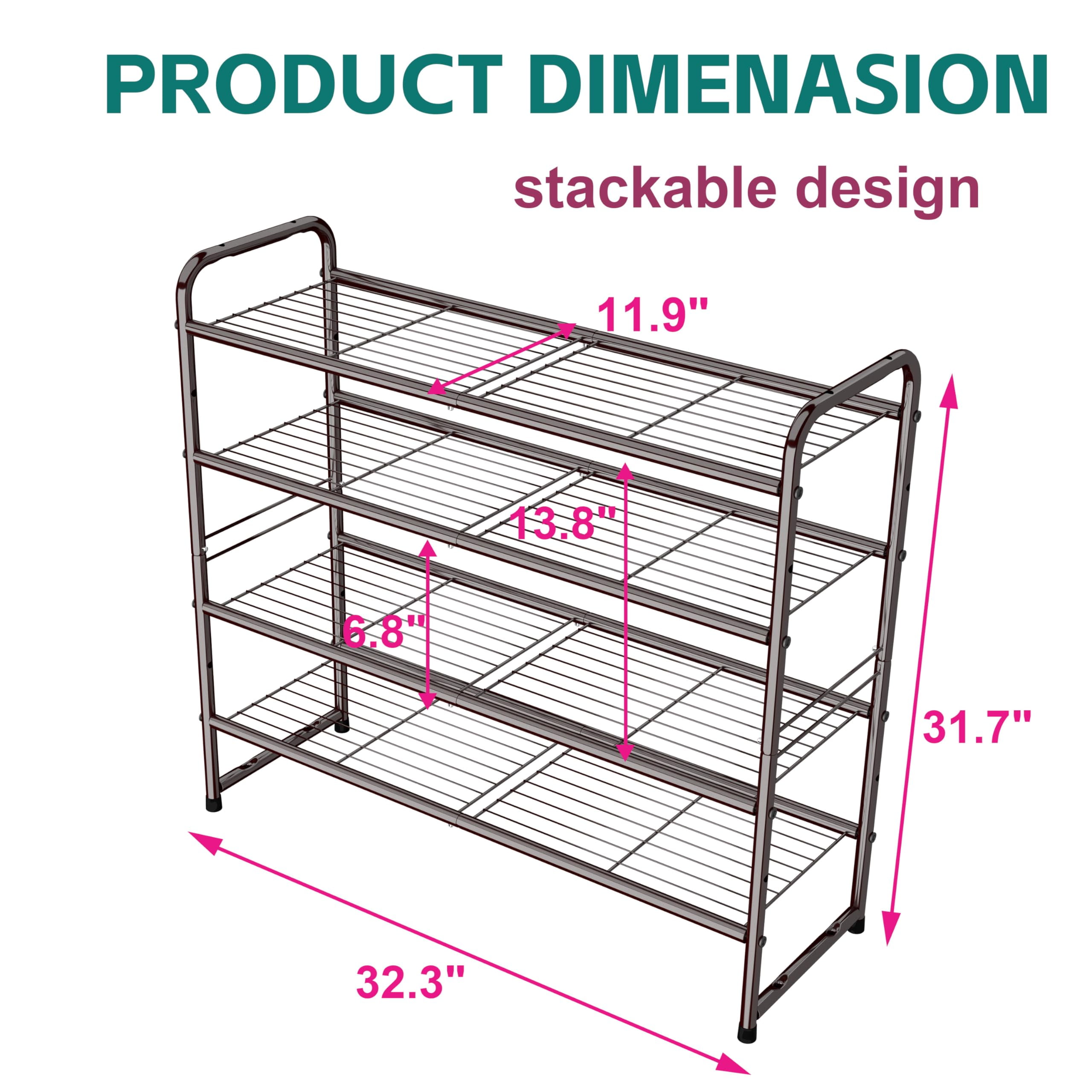 SUFAUY 4-Tier 33" Wide Metal Shoes Rack Stackable, Wire Grid, Bronze