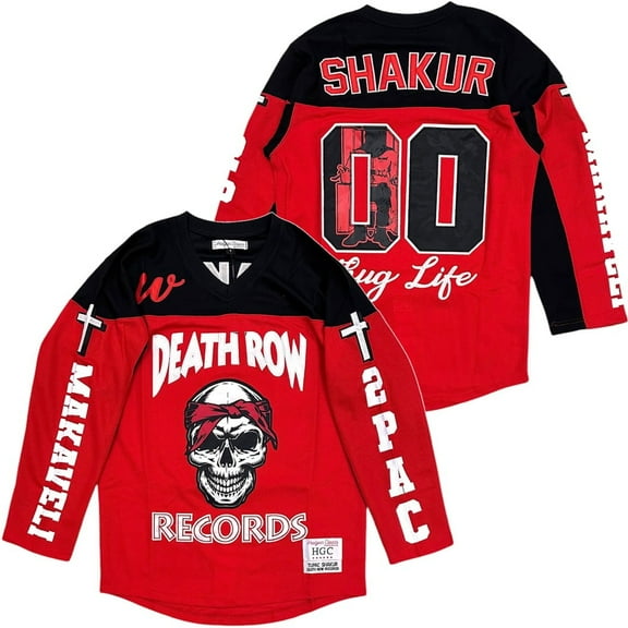 Death Row Records Men's Headgear Classics Tupak Shaku Embroidered Hockey Jersey (Small, Red/Black)