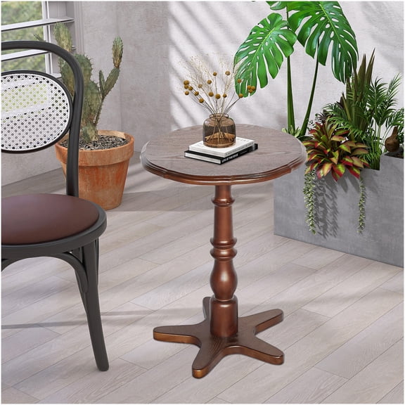 15.75 Inch Round Walnut End Table, Wood Pedestal Side Table with Vintage Design for Living Room, Bedroom, Entryway