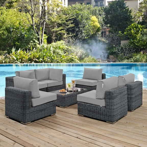 Modway Summon 7 Piece Outdoor Patio Sunbrella® Sectional Set in Canvas Gray
