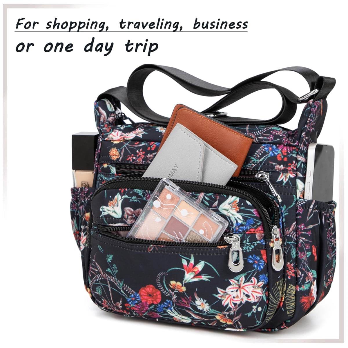 AOUNQ Crossbody Bag for Women Multi Pocket Shoulder Purse Bags Nylon Ladies Travel Handbag with Adjustable Straps