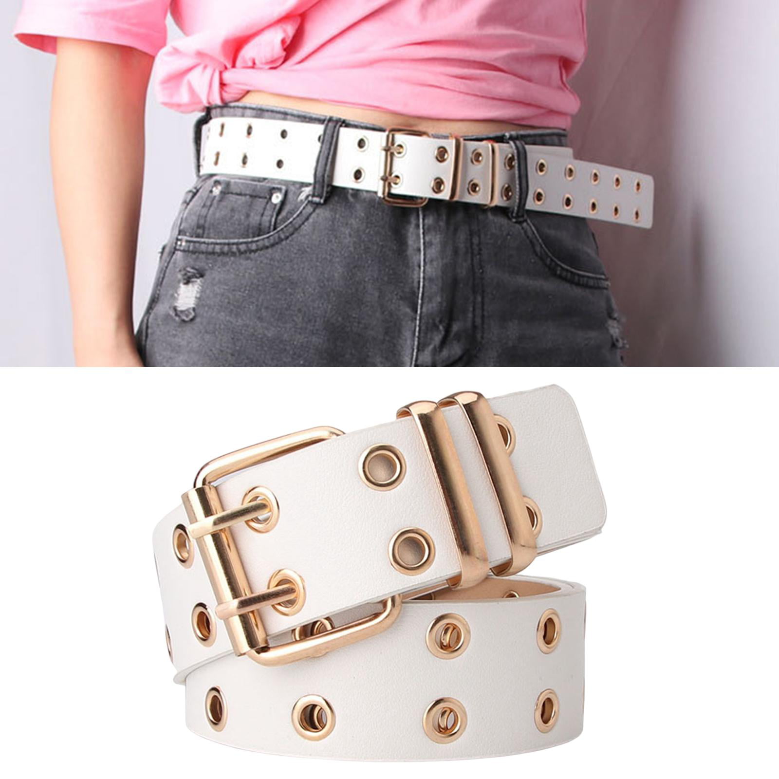 Vintage Belt, Eyelet Fashion White Adjustable PU Hollow Jeans. , Leather Double Gothic for Grommet Accessories, Punk Pants with