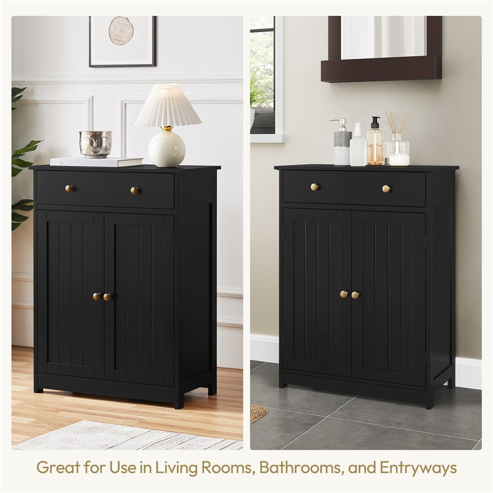 Yaheetech Modern Wooden Bathroom Floor Cabinet with Large Drawer & Double Doors, Black