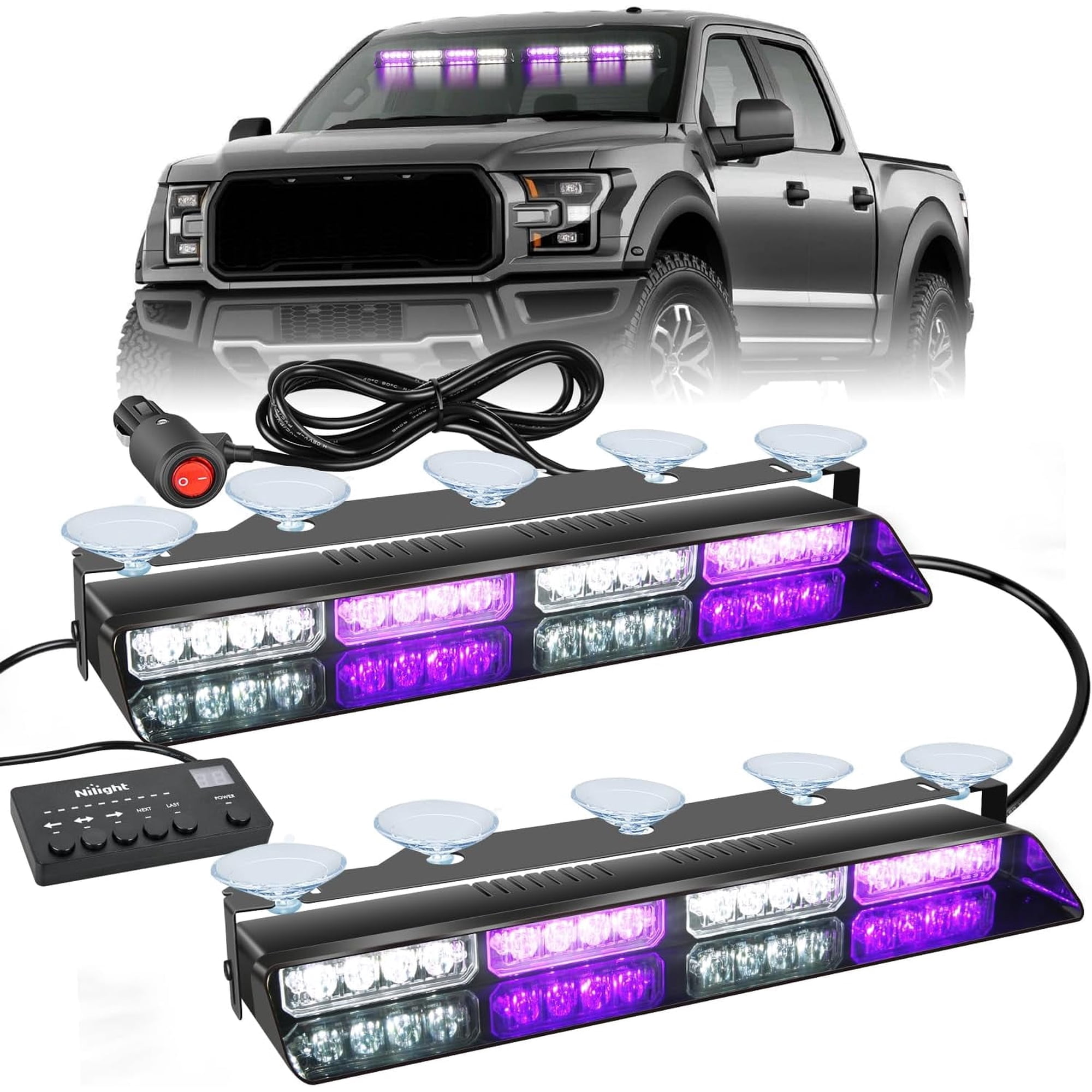 Nilight 32 LED Purple White Flashing Light Bar Interior Windshield Mount with Controller & Suction Cups, Decorative Split Light for Trucks Pickup ATV Off-Road & Show Use Only