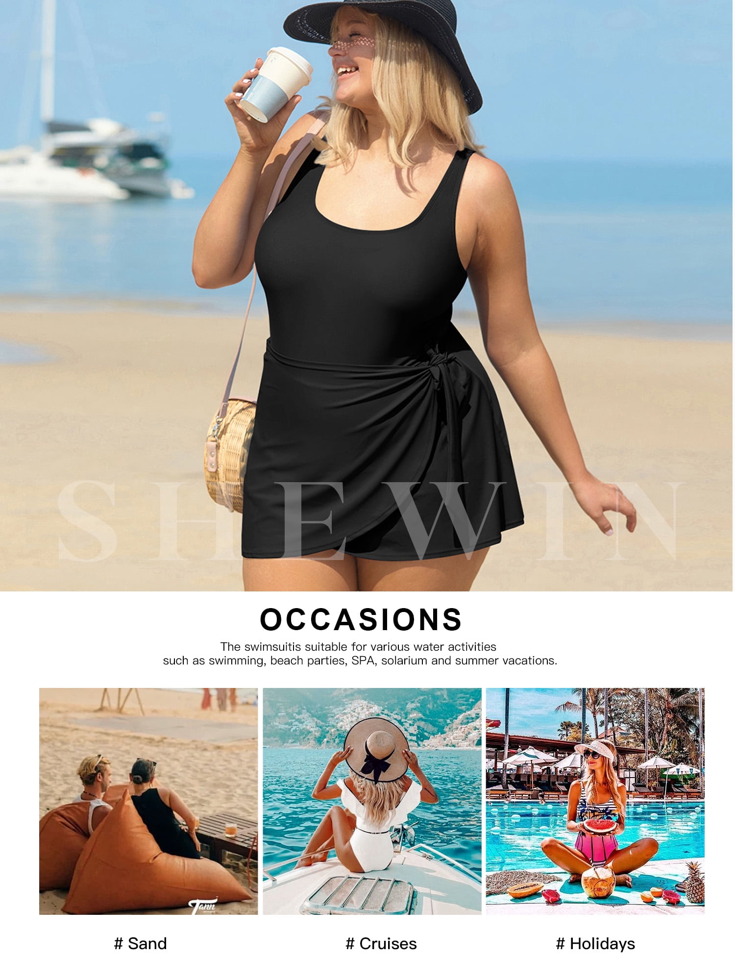 SHEWIN Womens Plus One-piece Swimsuits Padded Swim Dress Side Knot One Piece Bathing Suit with Skirt Summer Swimwear