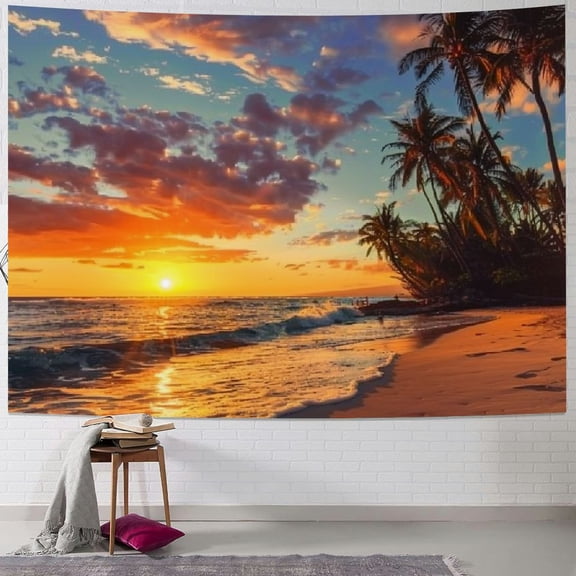 PRATYUS Ocean Tapestry Wall Hanging Exotic Beach Water Palm Tree Sunrise Sunset Sky Landscape Tapestry Wide Wall Hanging for Bedroom Living Room Dorm Painting