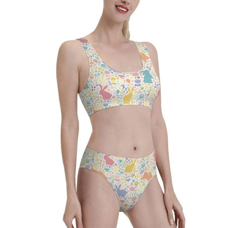 Uemuo Flower Color Rabbit Printed Women s High Waisted Bikini Sets Sporty Two Piece Swimsuits Color Block Cheeky High Cut Bathing Suits-Large