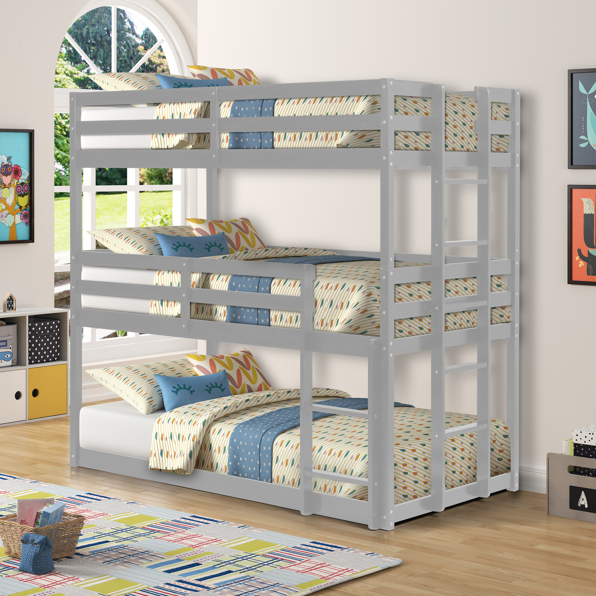 Kids Triple Bunk Beds, Wood Triple Beds with Ladders and Guardrail, Space Saving Twin over Twin