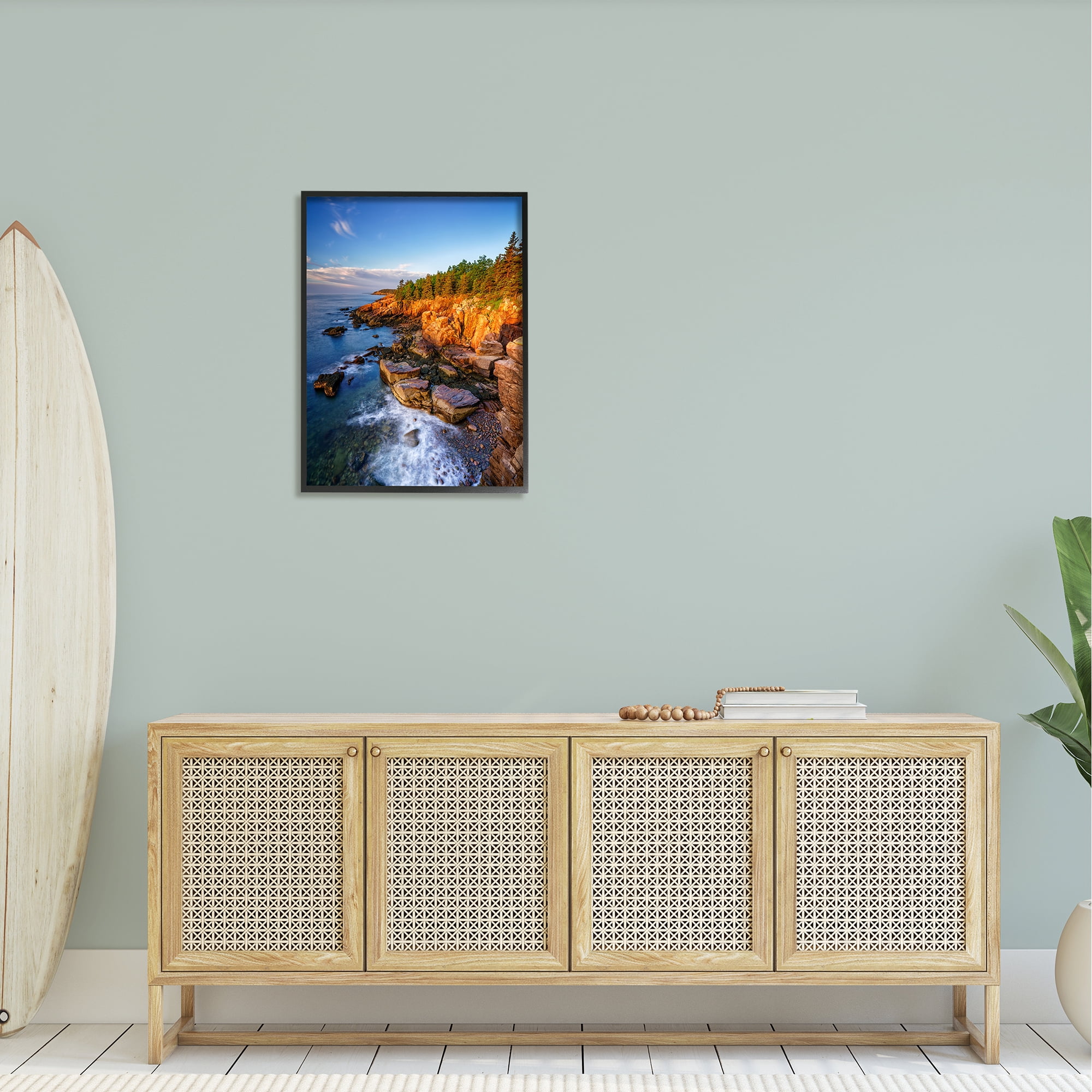 Stupell Rocky Cliffs Shore Beach Foam Landscape Photography Black Framed Art Print Wall Art