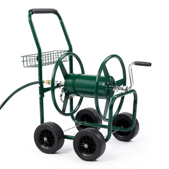 Ktaxon Green Hose Reel Cart, 250FT Capacity 4-Wheel Steel Frame with Storage Basket