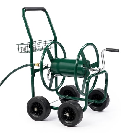 Ktaxon Green Hose Reel Cart, 250FT Capacity 4-Wheel Steel Frame with Storage Basket