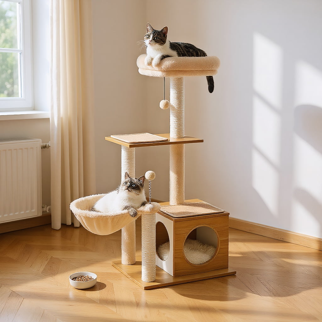 Pefilos 43" Modern Cat Tree for Indoor Cats,Multilevel Play House Cat Tower with Cat Condo, Scratching Post, Cozy Hammock and Plush Pompom, Beige