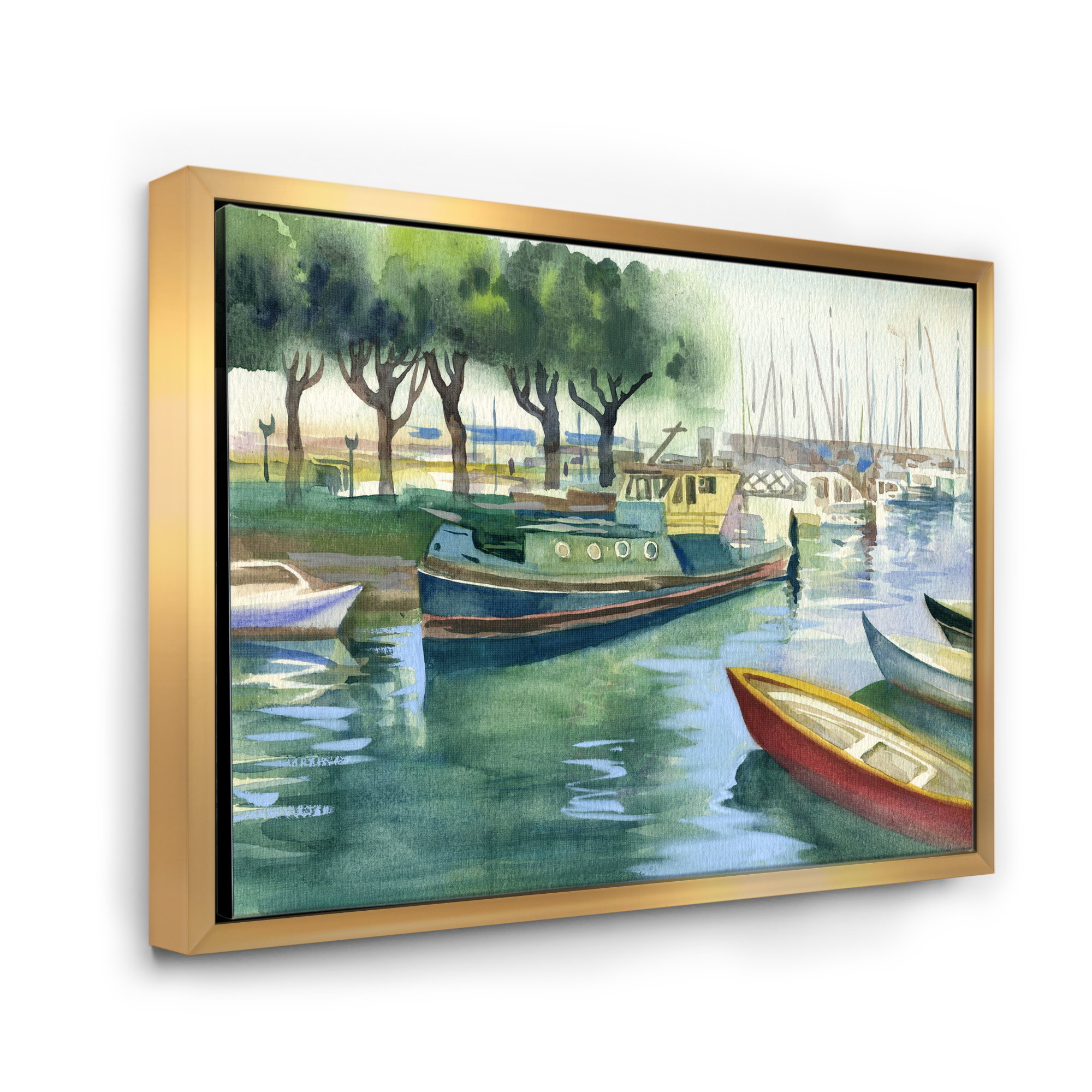 Designart 'Boats At The Lake in Green Spring' Traditional Framed Canvas Wall Art Print