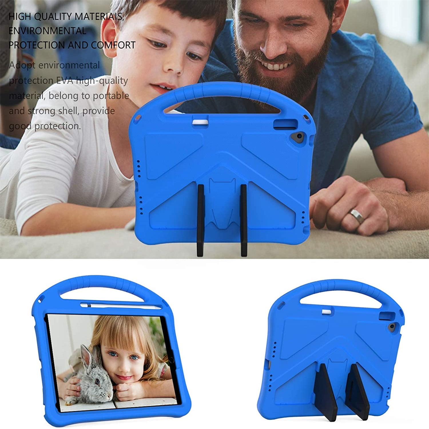 SaniMore Kids Case for iPad 10.2 2021/2020/2019, iPad 9th/8th/7th Generation Case with Pencil Holder & Screen Protector, Shock Proof Light Weight Convertible Handle Stand Kids Shell Case, Blue