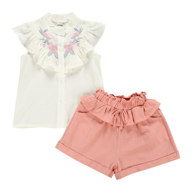 Odeerbi 2-8 Años Niñas Trajes de Verano Camisetas de Tirantes de Algodón Con Volantes Bordados Pantalones Cortos Conjunto de Dos Piezas Sin Mangas