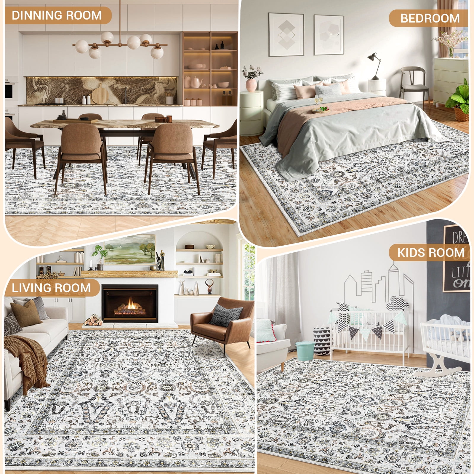 Garvee 6x9 Persian Vintage Area Rug, Washable Low Pile with Non-Slip Backing, Kid & Pet Friendly Carpet for Living Room, Bedroom, Light Gray