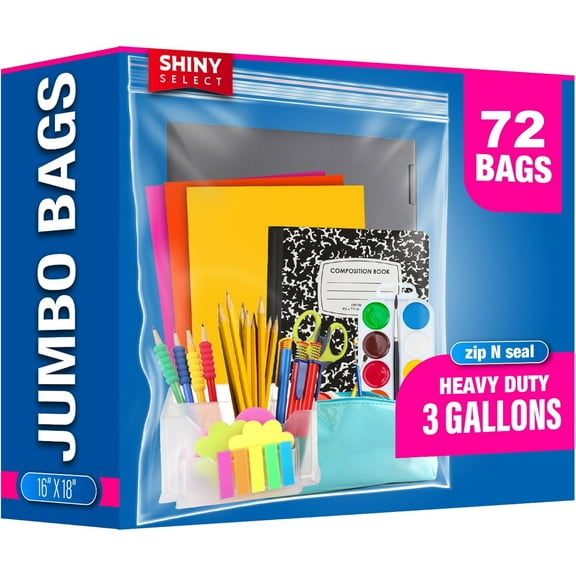 [ PACK OF 72 ] Large Resealable 3 Gallon Clear Reclosable Bags for Freezer, Brining, Food Storage, Bedding, Clothing, Organization, Moving, Packing or Travel 16" x 18" Jumbo Size