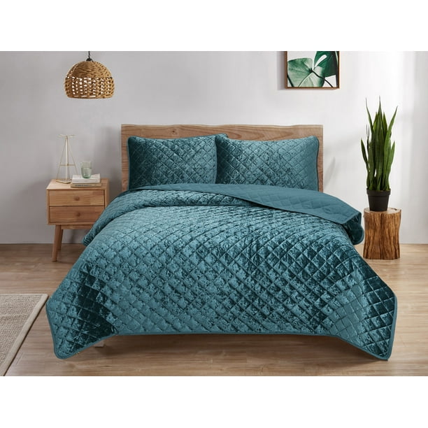Edredón Queen Size Hudson Main Ligero Tipo Colcha Velvet Verde