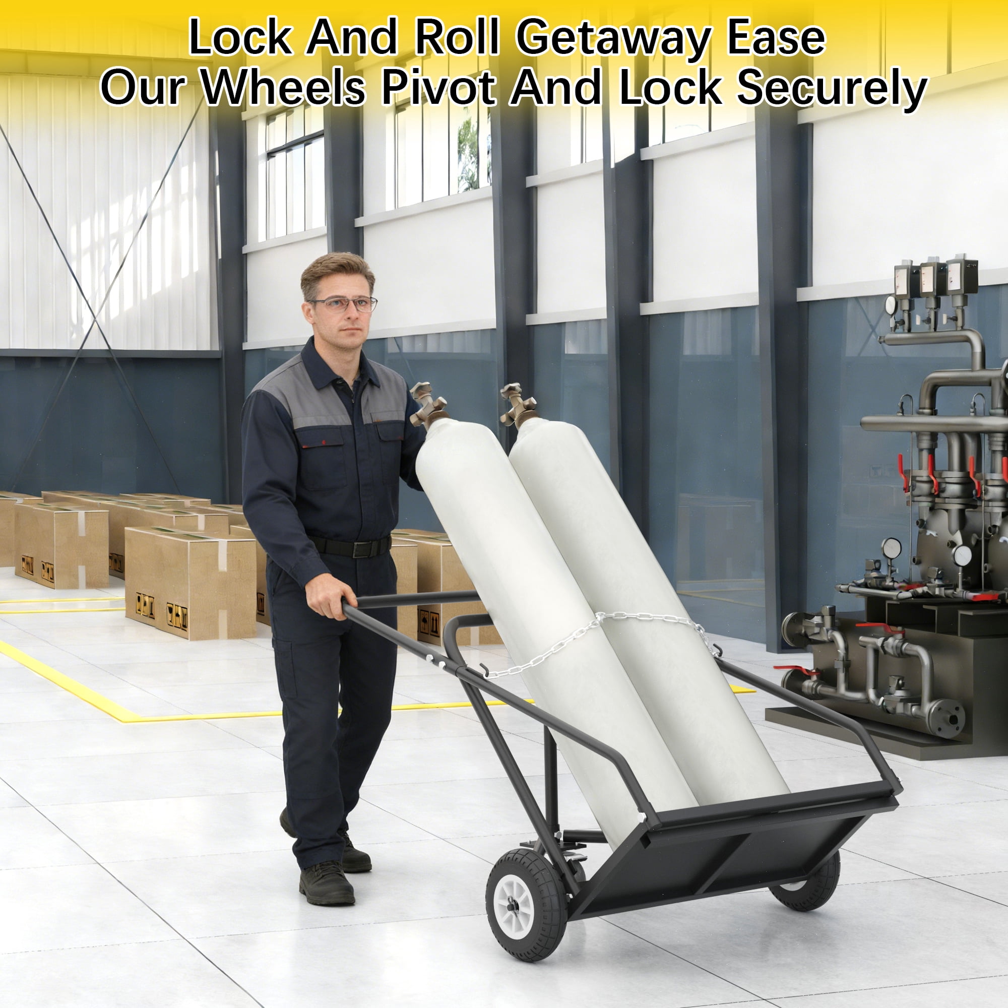 Heavy Duty Gas Cylinder Cart with Auxiliary Wheel - Dual Oxygen Acetylene Dolly & Welding Tank Hand Truck with Secure Chain, Triangular Structure & All-Terrain Tires