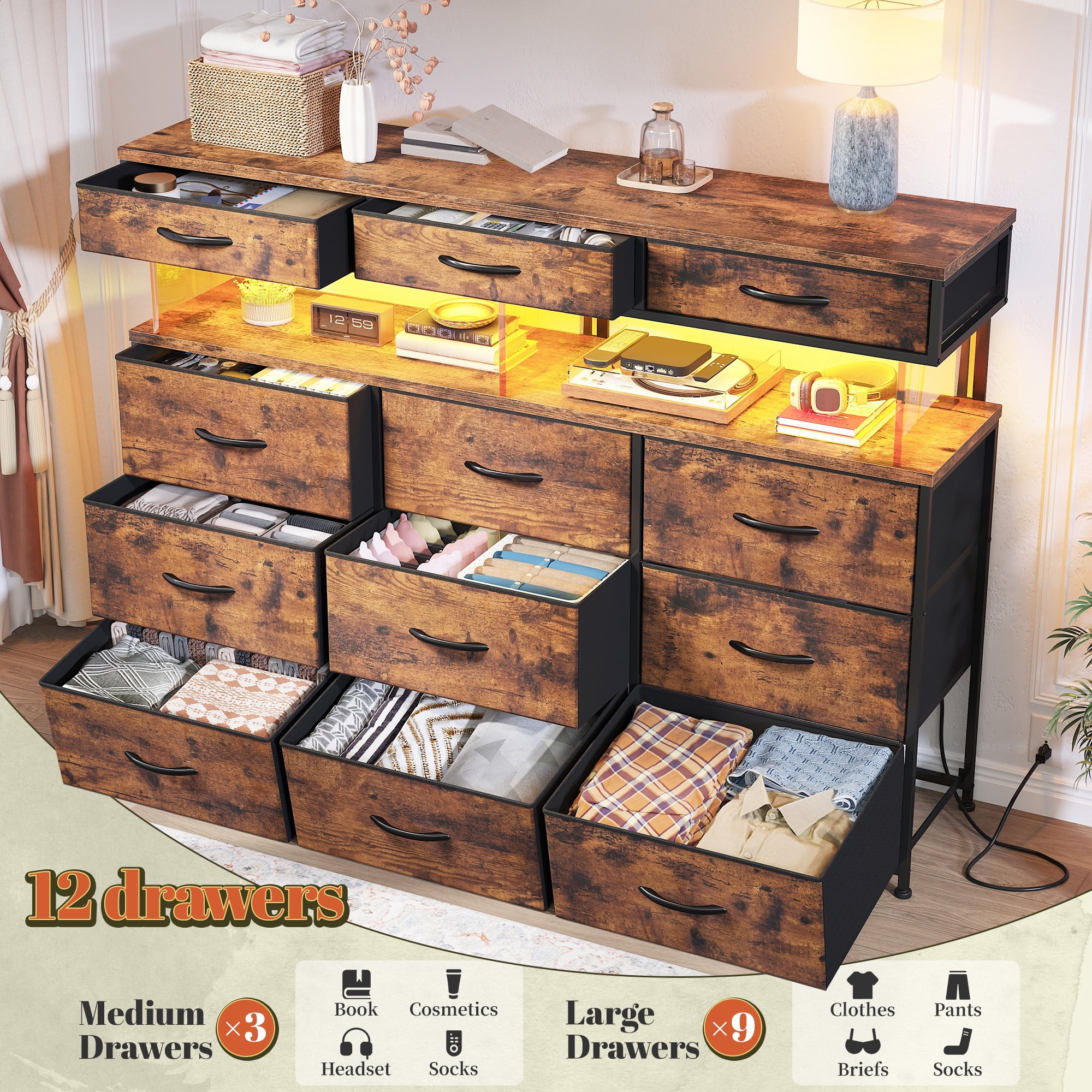 EnHomee Dresser for Bedroom with 12 Fabric Drawers Dresser with LED Lights and Charging Station Chest of Drawer for Entryway,Living Room,Closet,Rustic Brown