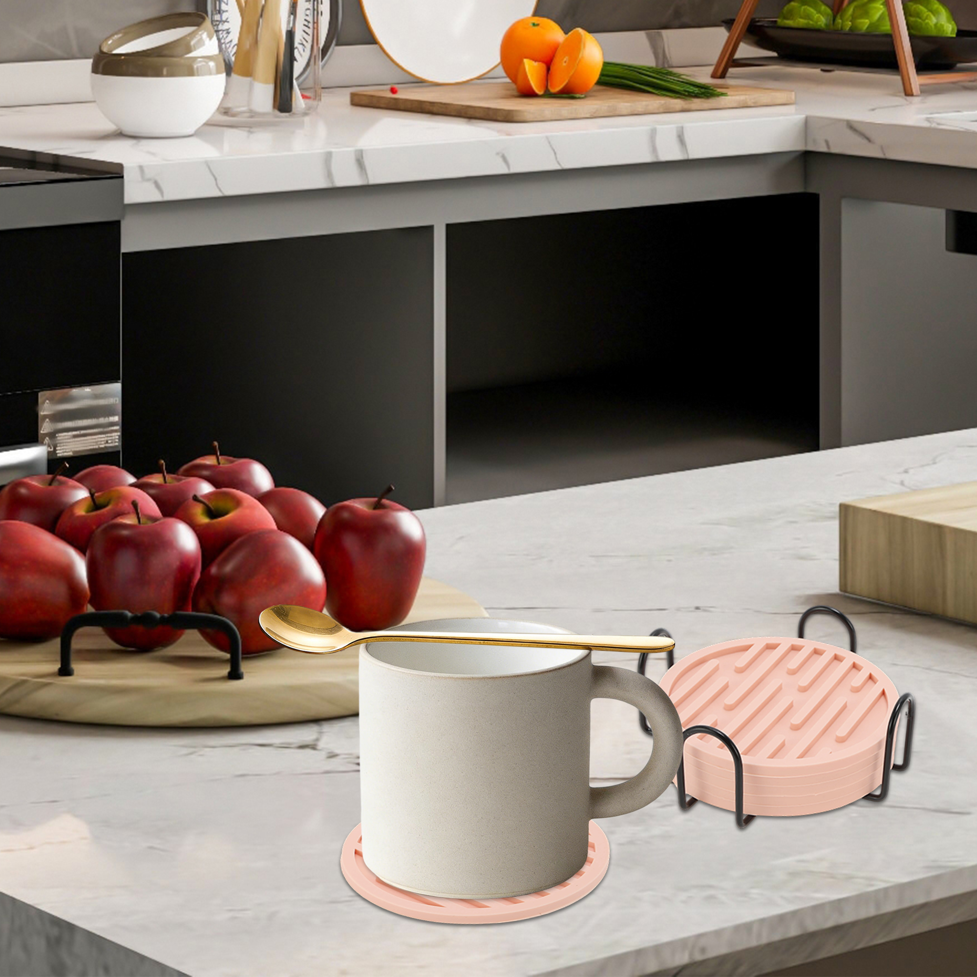 Unique Bargains Water-repellent Stripes Drink Coaster Set Pink
