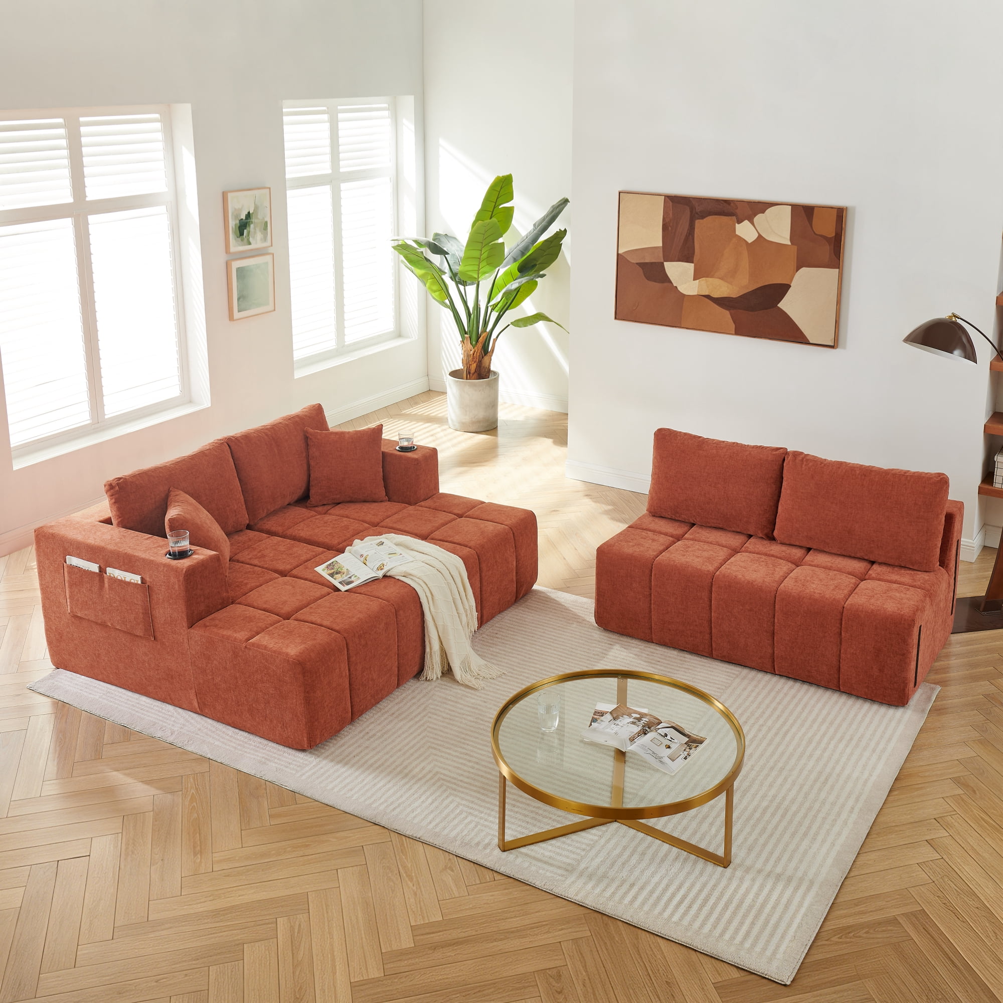 Leumius 132" U-Shaped Chenille Sofa, Cloud Style Boneless Sofa with Lounges, Modern Upholstered Couch with Cup Holders & Side Pockets, Compression Sofa for Living Room, No Assembly Required, Orange