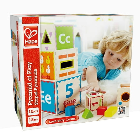 Hape: Pyramid of Play - 5 Wooden Nesting Blocks & Boxes Multifunctional Shape Sorter Play Toy Animals-Words-Colors-Pictures Toddler & Kids Age 18mo+