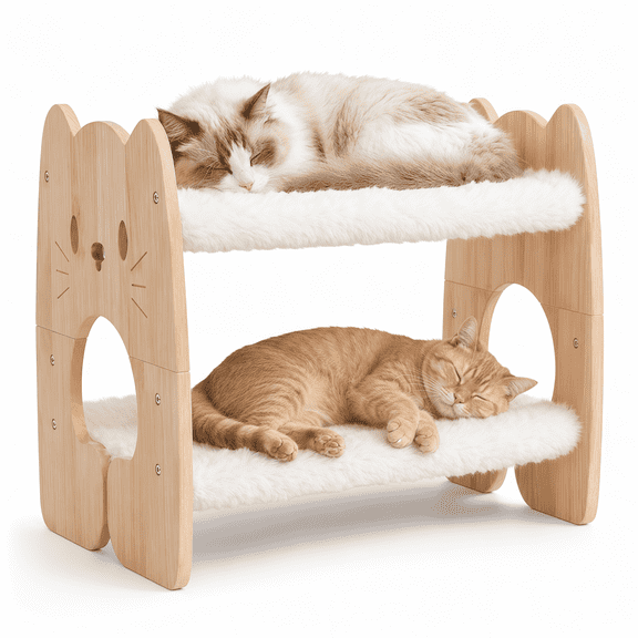 Solid Rubberwood 2-Tier Cat Bed - Extra Large Sturdy Cat Furniture for Multi-Cat Households, Cute Cat Face Side Panels, Machine Washable & Removable Plush Cushions