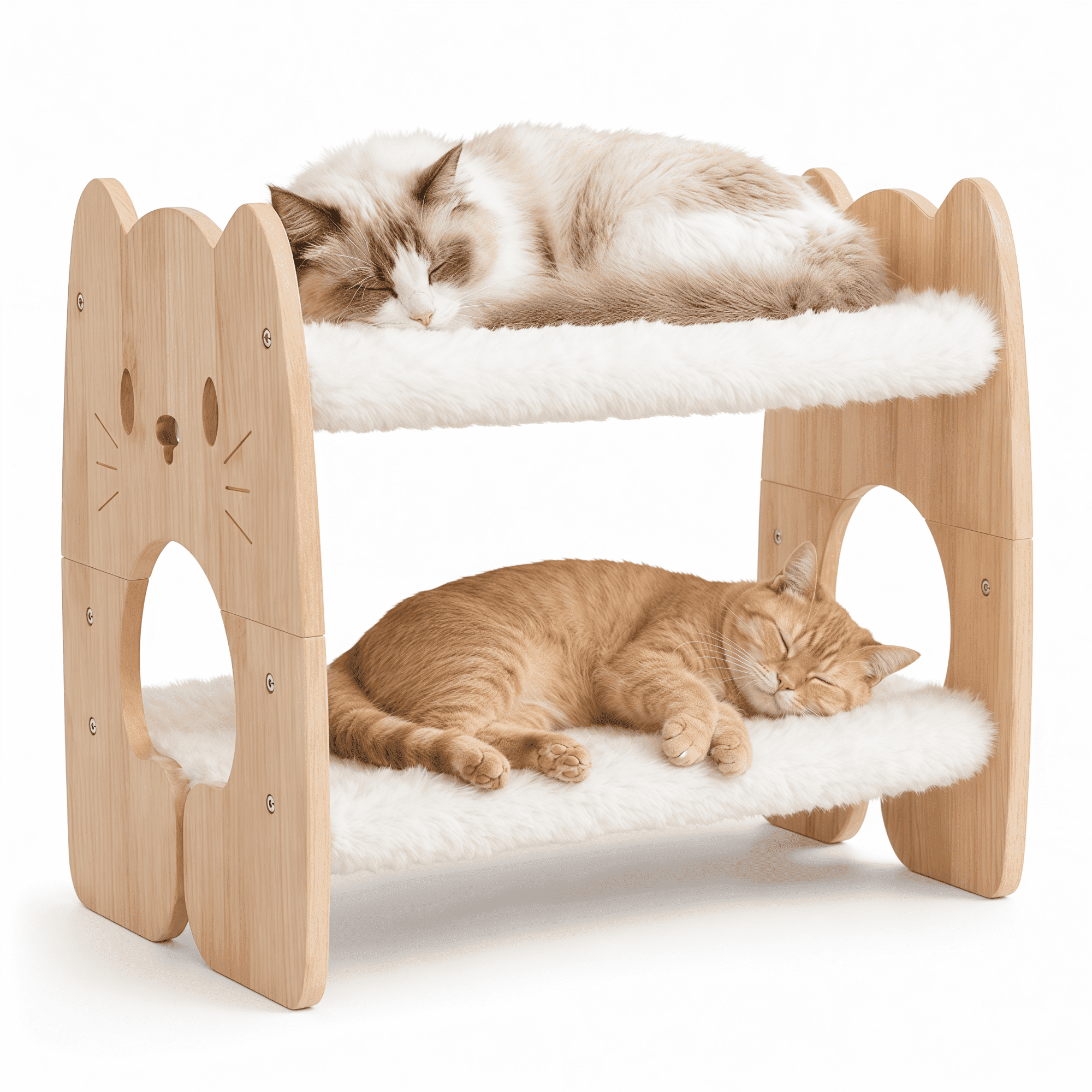 Solid Rubberwood 2-Tier Cat Bed - Extra Large Sturdy Cat Furniture for Multi-Cat Households, Cute Cat Face Side Panels, Machine Washable & Removable Plush Cushions