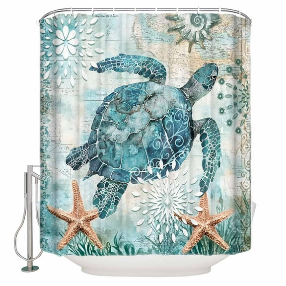 Vintage Sea Turtle Shower Curtain, 60" x 72", Nautical Turquoise Ocean Starfish Waterproof Bathroom Curtain Washable Shower Curtain Set with 12 Hooks