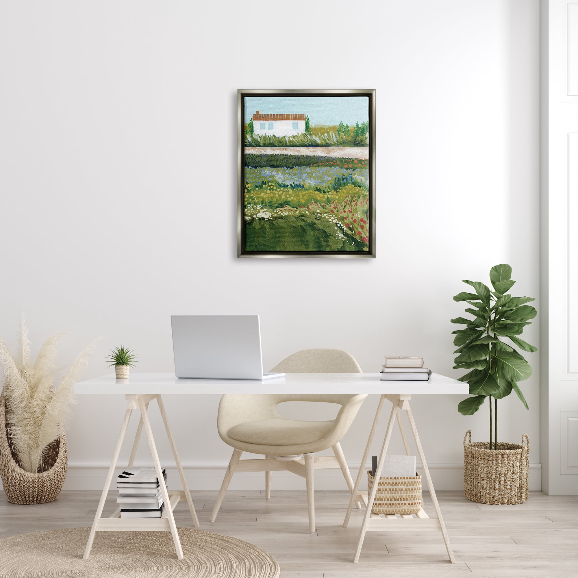 Stupell Rural Cottage Wildflowers Blooming Landscape Painting Gray Floater Framed Art Print Wall Art