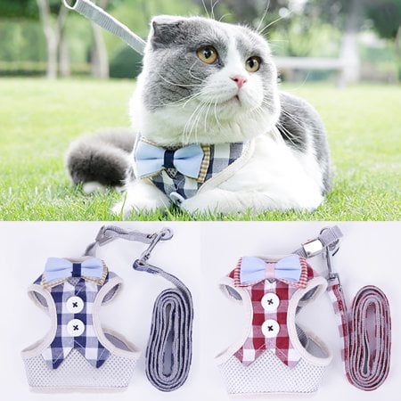 Pet Leash Harness Adjustable Breathable Checked Pet Harness with Pet Leash