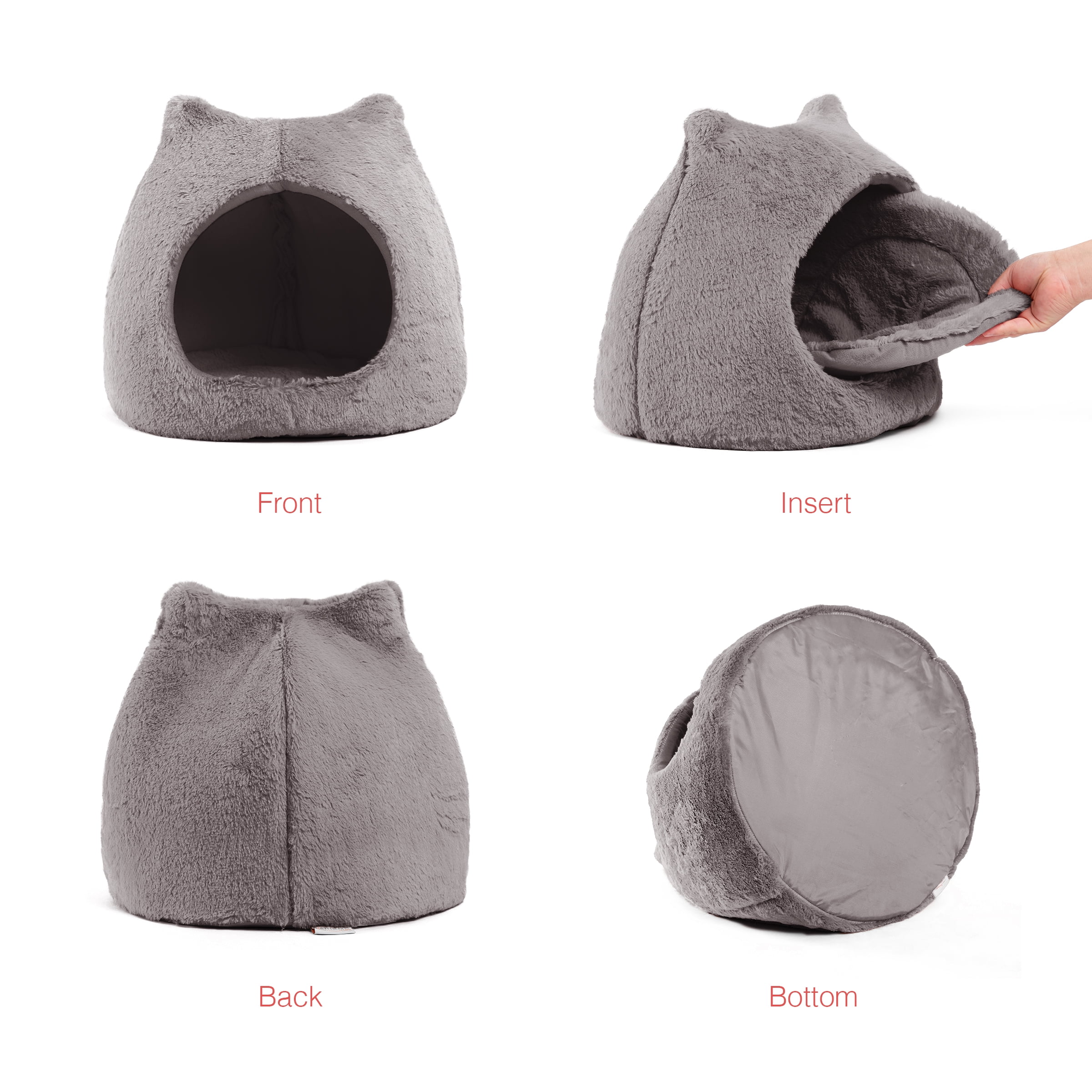 Best Friends by Sheri Meow Hut Fur Dome Pet Bed – Covered Cat Cave for Cats & Small Dogs up to 15 lbs, Faux Fur Hideaway with Water-Resistant Bottom, Machine Washable, Gray